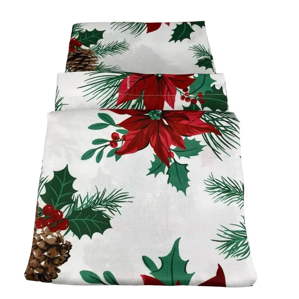 Christmas Shower Curtain Oh Holy Night Poinsettia Pine Hooks New